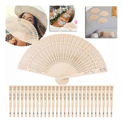 Pack De 50 Abanicos De Madera Plegables Con Diseño Calado Color De Madera
