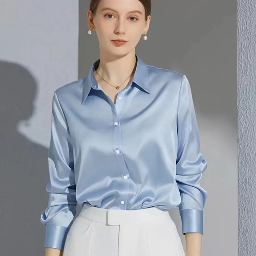 Blusa Satinada Lujo Manga Larga Cuello Camisa Mujer