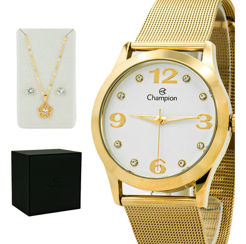 Relógio Champion Feminino Dourado Social + Brinco Colar