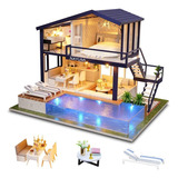 Villa Casita Muñecas Con Piscina Muebles Led Miniatura Funda