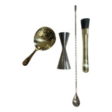 Set D Cocteleria Gold 4 Piezs Colador Jigger Cuchara Mortero