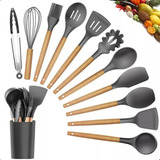 Kit C/11 Utensílios De Cozinha Silicone Cabo Madeira