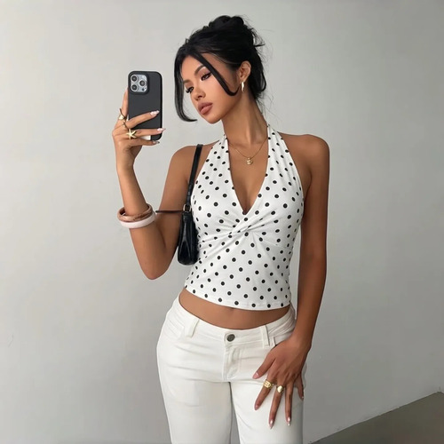 Top Sin Espalda Y Cuello Halter Con Estampado De Lunares