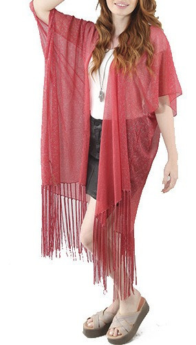 Chaleco Saco Largo Kimono Bordado Con Flecos #k263