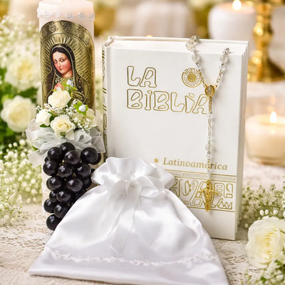 Kit Primera Comunion Niña Vela Biblia Rosario Limosnero Uvas