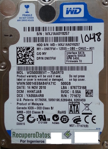 Western Digital Wd5000bevt-75a0rt0 500gb -1048 Recuperodatos