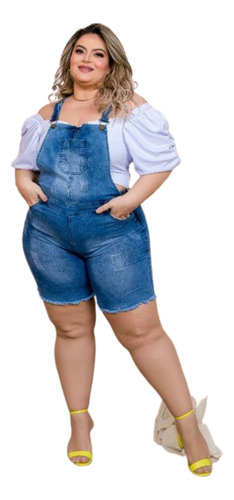 Macaquinho Jardineira Short Jeans Plus Size Feminino Lycra