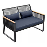 Sofa De 2 Plazas Con Cojin Azul Para Exterior, Impermeable 