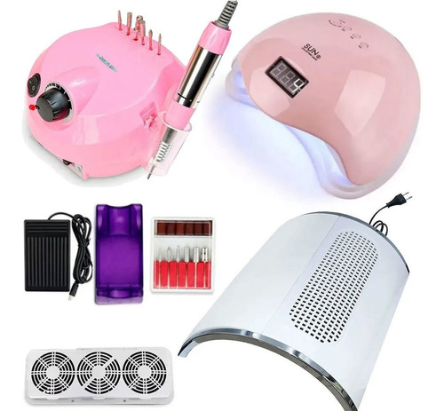 Kit Manicure Cabine Sun5 Motor Porquinho Coletor De Pó Unha Cor Rosa 110v/220v