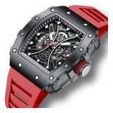 Reloj Curren 8438 Rectangular Skeleton Fechador Silicona Mod Color De La Correa Rojo