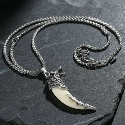 2 Collares Hombres Con Colmillo De Lobo De Acero Inoxidable