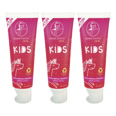 Green Doctor – Pasta Dental Natural Infantil Unicorn Kids – Sin Flúor, Sin Azúcar, Con Aceites Esenciales Orgánicos y Envase Compostable – Ideal para Niños, Sabor Chicle – Kit de 3 Pastas de 85g | Meses sin interés