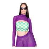 Mini Cropped Tule Sobreposição Plus Size Roxo Festival