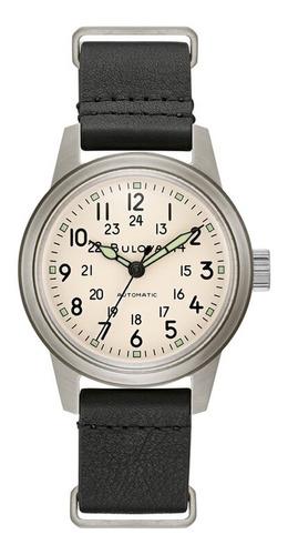 Reloj Bulova Military Hack Watch Automático 96a246 Color De La Correa Negro Color Del Bisel Plateado Color Del Fondo Beige