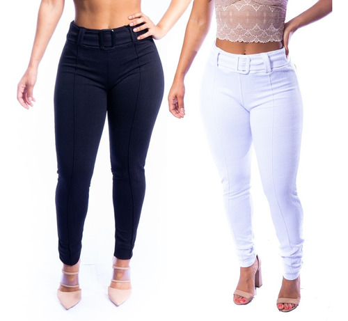 2 Calça Social Skinny Cintura Alta Feminina Tecido Grosso