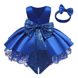  Vestido Elegante Princesa Azul  Con Lazo Para Niñas 