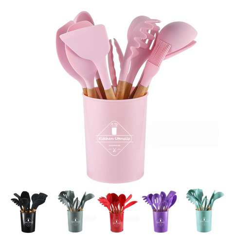 Kit 12 Utensílios Cozinha Silicone Cabo Bambu Com Suporte Cor Rosa