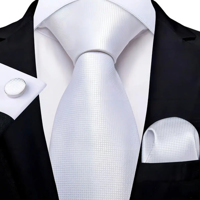 0341 Corbata Seda Jacquard Blanca Pañuelo Y Mancuernillas Color Blanco | Envío gratis