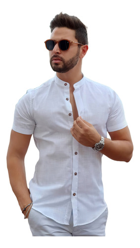 Camisa Social Masculina Gola Padre Linho Premium Moda Luxo