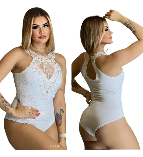 Body Feminino Gola Alta Blusa Renda Com Perola Elegante