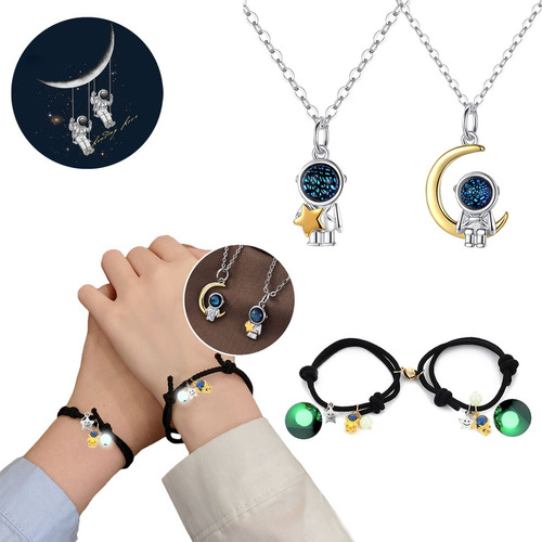 Set Brillan Astronauta 2pulseras Pareja De Imán+2collar Amor