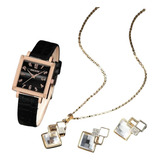 Kit Reloj Negro Cuadrado Para Mujer + Juego De Collar Aretes