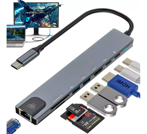 Adaptador Hub Usb Multipuerto Hdtv 8 En 1 Para Windows Macos