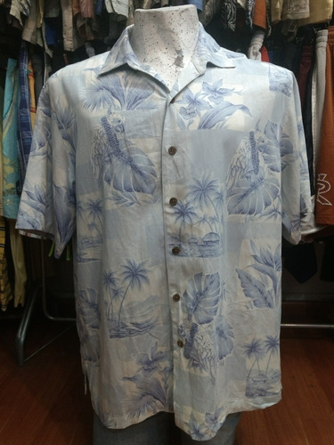 Camisa Hawaiana Blanca Y Celeste Loros L Seda -47