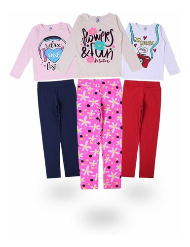 3 Conjuntos Legging E Blusas Manga Longa De Menina Infantil