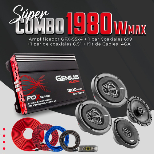 Set 4 Coaxiales + Amplificador + Kit Cable Genius 1980 Wmax