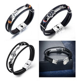 Pulsera Hombre Guitarra Acero Cuero Ajustable!!