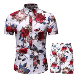 Camisa Hawaiana Slim Fit Floreada Casual Para Hombre+shorts