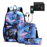 Mochila Escolar Stitch Primaria +usb Casual Conjunto 3 Pcs