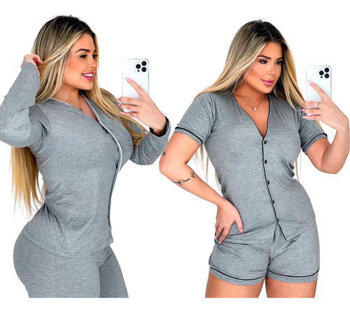 Kit 2 Pijamas Americano Feminino Adulto Longo Mais 1 Curto