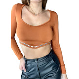 Remera Crop Top Mujer Termica Manga Larga C- Tacha Irregular