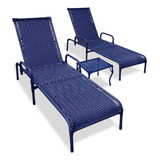 Kit 2 Cadeiras Reclináveis Em Ferro P/ Piscina Catar+mesa Cor Azul