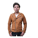 Chamarra Biker De Piel Nubuck Para Hombre Chaqueta Café Slim