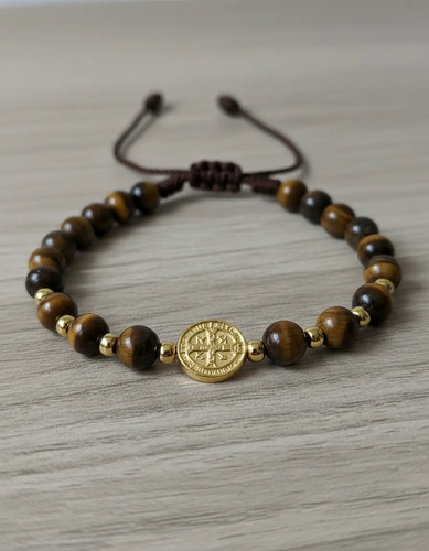 Pulsera Chapa De Oro Hilo Con San Benito Ojo De Tigre