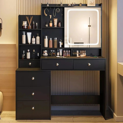 Tocador Habitdesign Moderno Led Negro Tocador De Dormitorio Con Espejo Led, 5 Cajones Y Sillas, Medidas 110x40x145 Cm - Modelo | Envío gratis