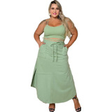 Conjunto Cropped E Saia Longa Com Fenda Plus Size