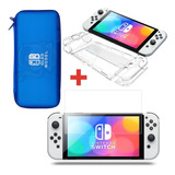 Kit Bag + Case + Película De Vidro Para Nintendo Switch Oled Cor Bag Azul + Capa Acrílico Transparente