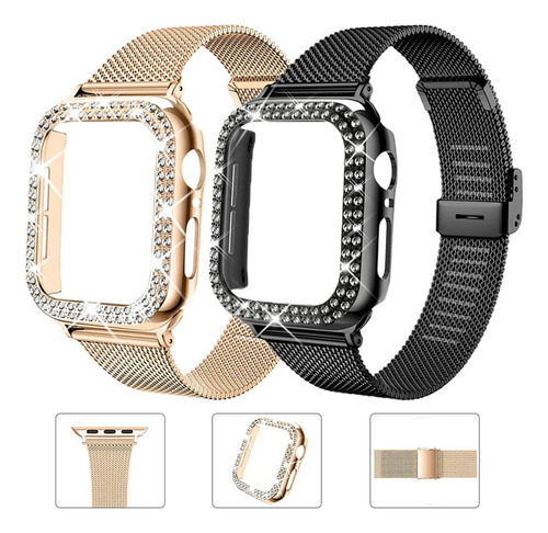 Correa Para Apple Watch Acero Inox Hebilla + Case Diamantes