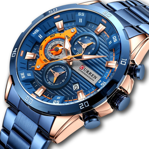 Reloj Pulsera Curren 8402, Analógico, Para Hombre, Fondo Azul, Con Correa De Acero Color Azul, Agujas Color Dorado Oscuro, Bisel Color Azul Y Hebilla Doble