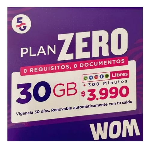 Pack De 3 Chips Prepago Wom Plan Zero Incluye 300min + 30gb