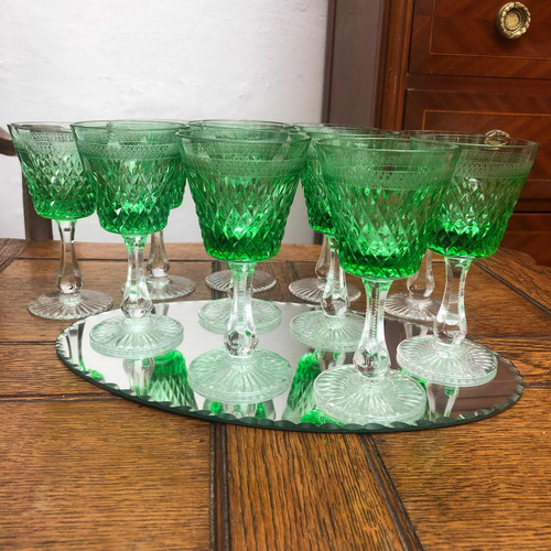 Juego 11 Copas Antiguas Vino Cristal Talla Diamante Verdes