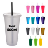 100 Vasos Reusables Con Tapa Popote De 16oz - Varios Colores