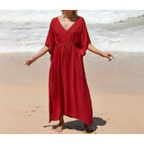 Vestido Longo Solto Vermelho Saída Praia Plus Size Luxo 43z