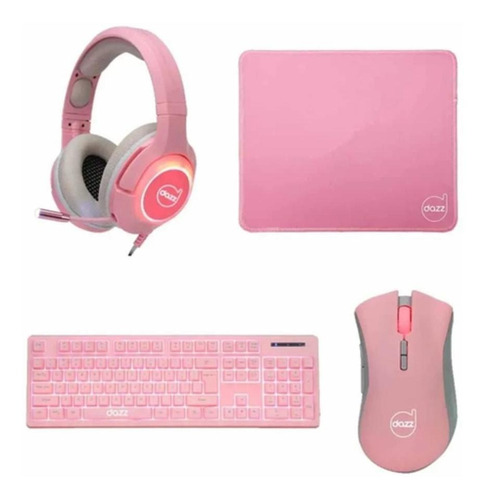 Combo Gamer Dazz 4 Em 1 Teclado Mouse Mousepad, Headset Rosa