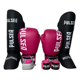 Kit Feminino Muay Thai Luva 12oz Caneleira Bandagem Bucal