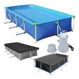 Kit Piscina Retangular 6200 L Com Capa, Forro E Filtro 220v